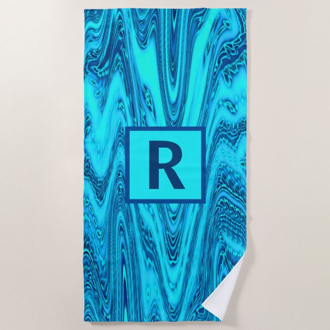 Aquamarine Blue Ocean Waves Abstrakt Monogram Init Strandtuch (Vorderseite)