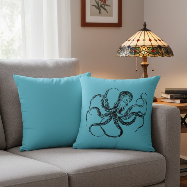 Aquamarine Blue Octopus Throw Pillow Kissen (Octopus throw pillow. Add a splash of color and nautical feel to your home.)