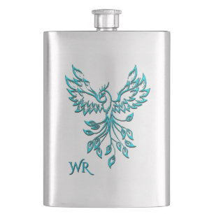 Aquamarine Blue Phoenix Erhöhungen der Silver Mono Flachmann