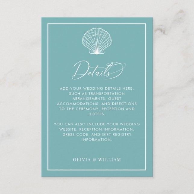 Aquamarine Blue Seashell Beach Hochzeitsdetails Begleitkarte (Vorderseite)