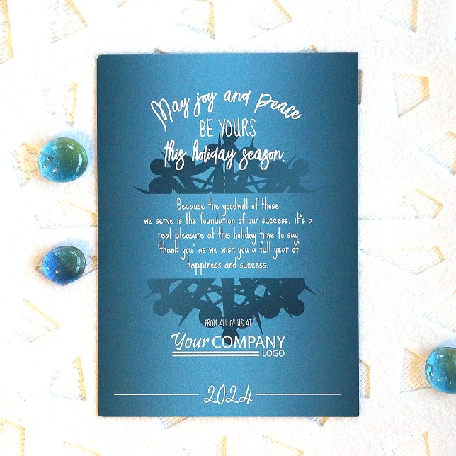 Aquamarine Blue Snowflakes White Logo Office Ferie Einladung (Modern elegant snowflake, teal  blue company logo christmas greeting card)