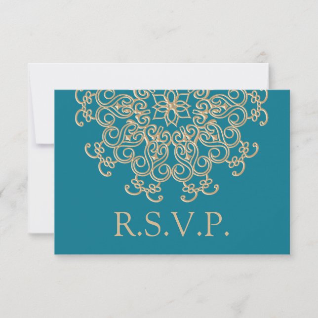 AQUAMARINE BLUE UND GOLD INDIAN RESPONIT RSVP CARD (Vorderseite)