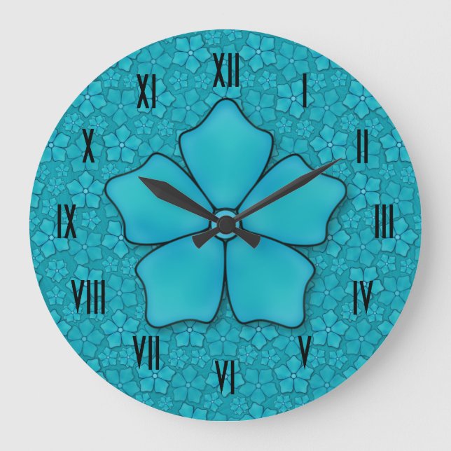 Aquamarine Blume Blütenblätter Große Wanduhr (Vorderseite)