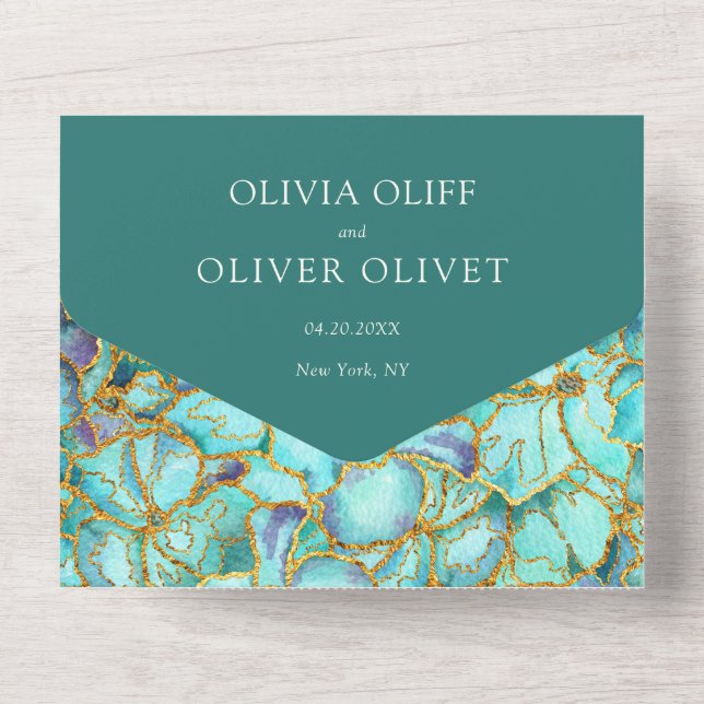 Aquamarine Blume Foto Hochzeit alles in einer Einl All In One Einladung (Rückseite)