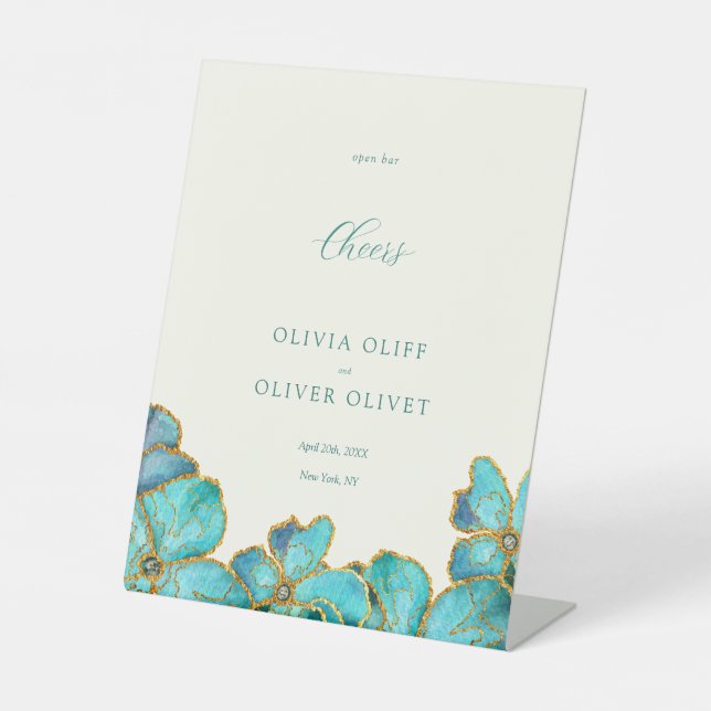 Aquamarine Blume Hochzeit Open Bar Cheers Sockelschild (Vorderseite)