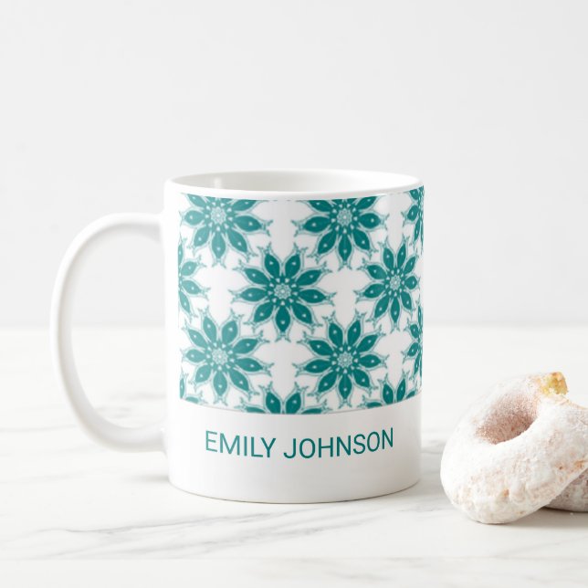 Aquamarine Blume individuelle Name weiß Kaffeetasse (Mit Donut)