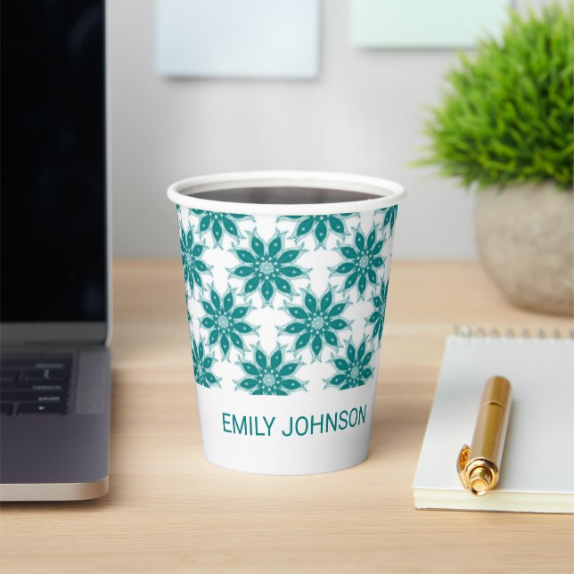 Aquamarine Blume individuelle Name weiß Pappbecher (InSitu)