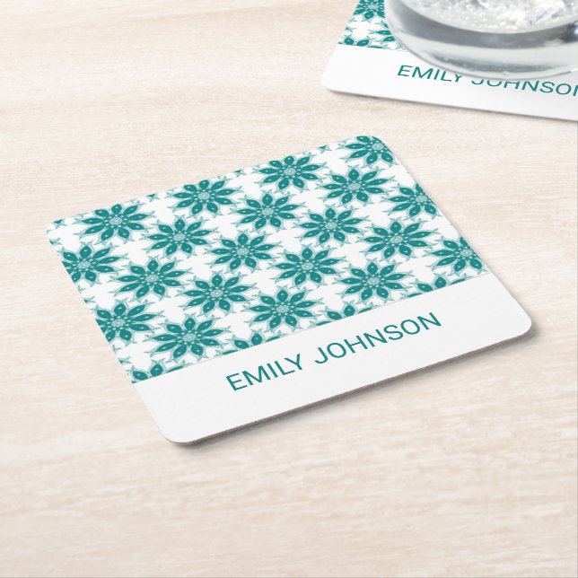 Aquamarine Blume individuelle Name weiß Rechteckiger Pappuntersetzer (angewinkelt)