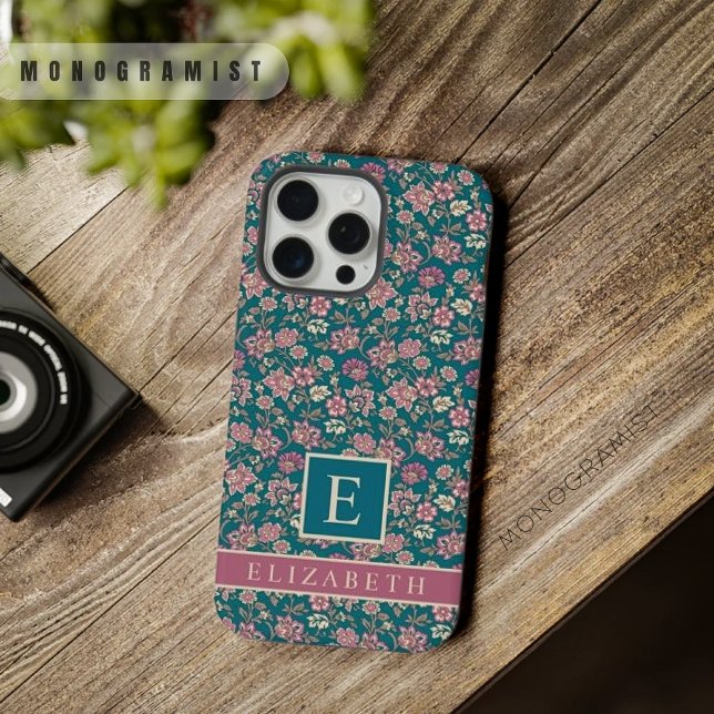 Aquamarine Blume mit grünem Blumenrosa iPhone Hülle (Customizable Teal Green Floral Pink Flowers iPhone Case)