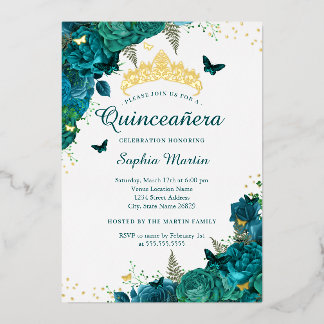 Aquamarine Blume Schmetterling Elegante Quinceaner Folieneinladung