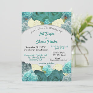 Aquamarine Blume und Rose Hochzeitsfeier Einladung
