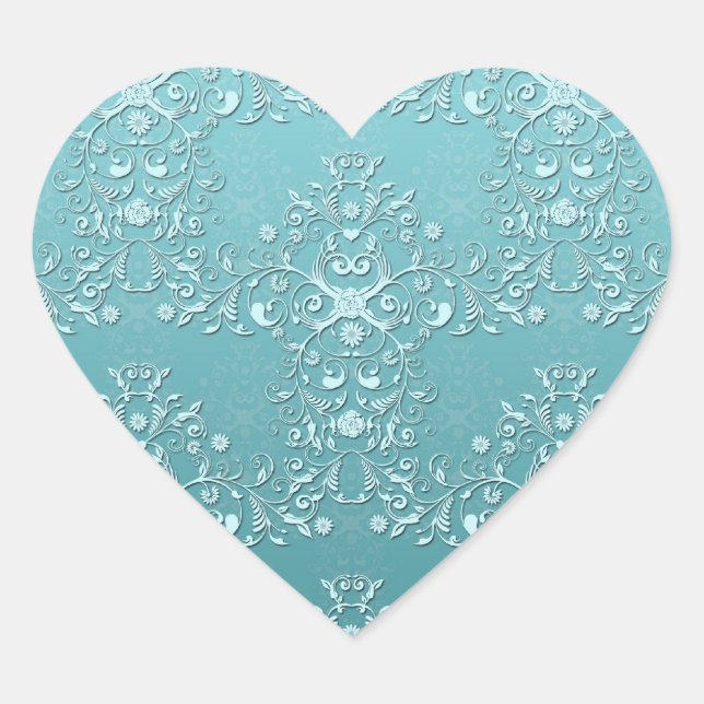 Aquamarine BlumenDamaske Herz-Aufkleber (Vorderseite)