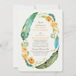 Aquamarine Bohemische Blumenfedern Botanische Hoch Einladung