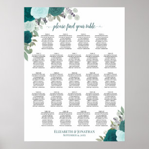 Aquamarine Boho Floral 23 Tabelle Hochzeitskarte Poster
