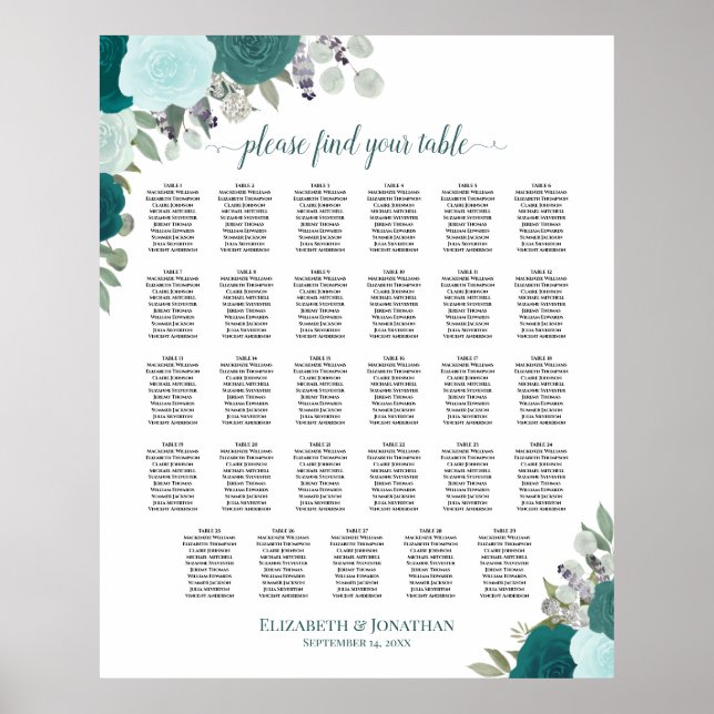Aquamarine Boho Floral 29 Tabelle Hochzeitskarte Poster (Vorne)