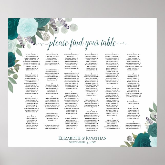 Aquamarine Boho Rose Alphabetische Hochzeitssattel Poster (Vorne)