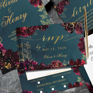 Aquamarine Bordeaux Jewel Tone Hochzeitsmahlzeit U RSVP Karte