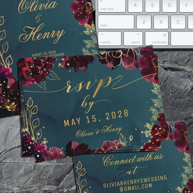 Aquamarine Bordeaux Jewel Tone Wedding RSVP Online Visitenkarte (Von Creator hochgeladen)