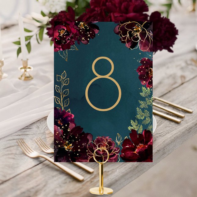 Aquamarine Bordeaux Jewel Tone Wedding Tischnummer (Teal Bordeaux Jewel Tone Wedding Table Number Card)