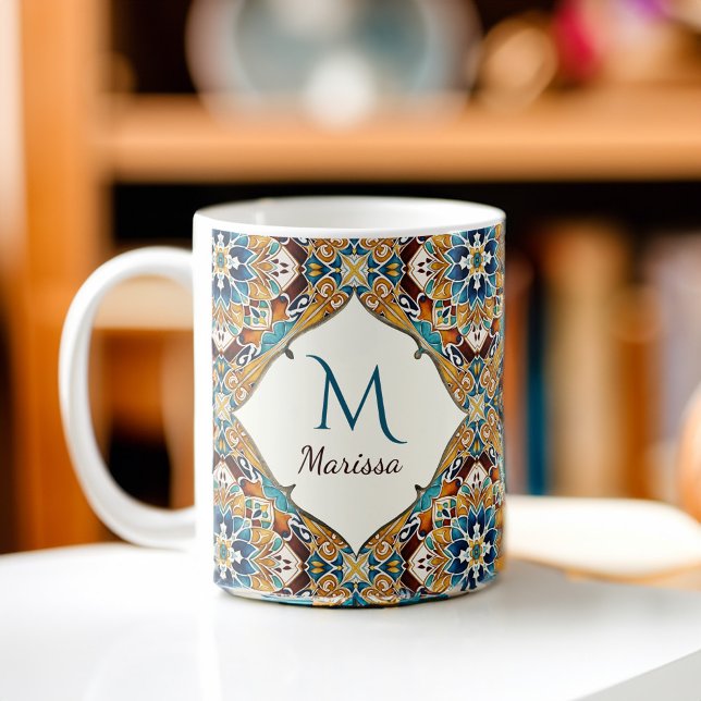 Aquamarine Brauntalkräfte von Talavera bridesmaier Kaffeetasse (Teal brown talavera vintage Mexican tiles personalized bridesmaids gifts monogrammed coffee mug)