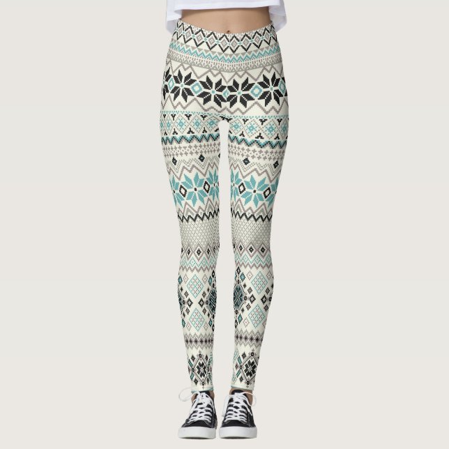 Aquamarine Bronze-Aztec-Schneeflocken Rentiere Wei Leggings (Vorderseite)