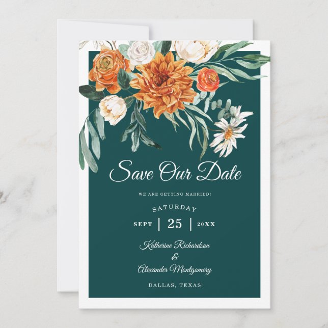 Aquamarine Burnt Orange Elegante Herbsthochzeit Save The Date (Vorderseite)