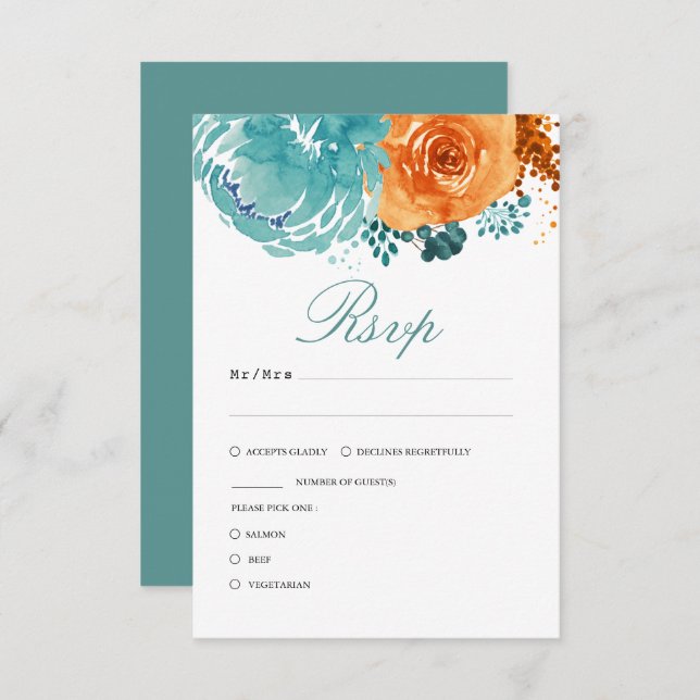 Aquamarine Burnt Orange Fall Floral Wedding RSVP Karte (Vorne/Hinten)