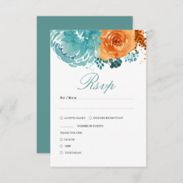 Aquamarine Burnt Orange Fall Floral Wedding RSVP Karte