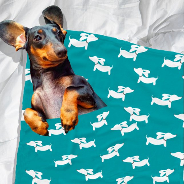 Aquamarine Dackel Design Fleece Blanket (Dachshund snuggle blanket - teal)