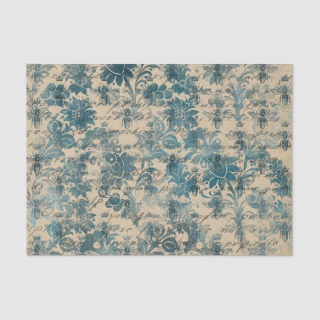 Aquamarine Damask-Biene Seidenpapier (Vorderseite)