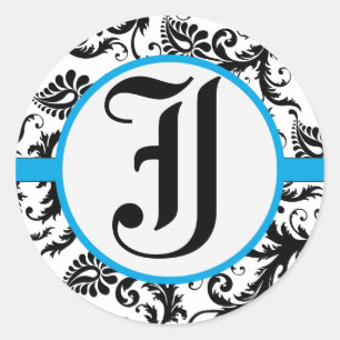 Aquamarine Damask Monogram Wedding Stickers