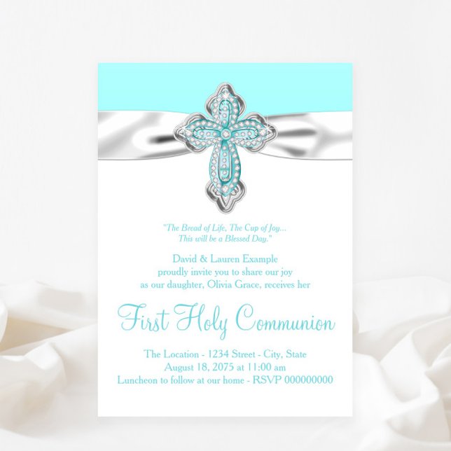Aquamarine Diamond Cross Girls Aquamarin Blue Firs Einladung (Any event invitation - simply add your details.)