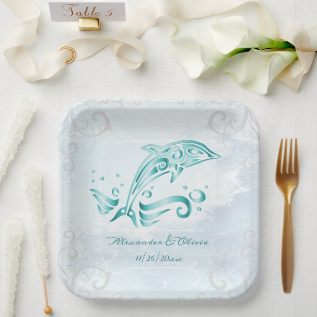 Aquamarine Dolphin-Polterabend-Papierplatte Pappteller (Hochzeit)