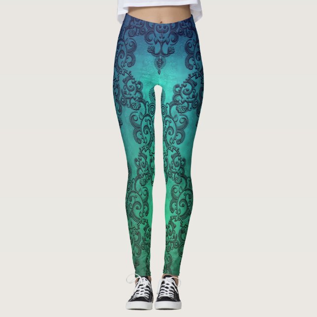 Aquamarine Dreams Damask Boho Style Leggings (Vorderseite)
