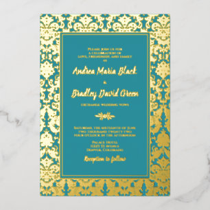 Aquamarine Echt-Gold-Foil-Damaskus-Hochzeit Folieneinladung