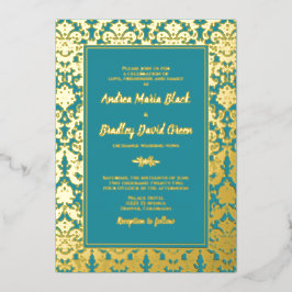 Aquamarine Echt-Gold-Foil-Damaskus-Hochzeit Folieneinladung