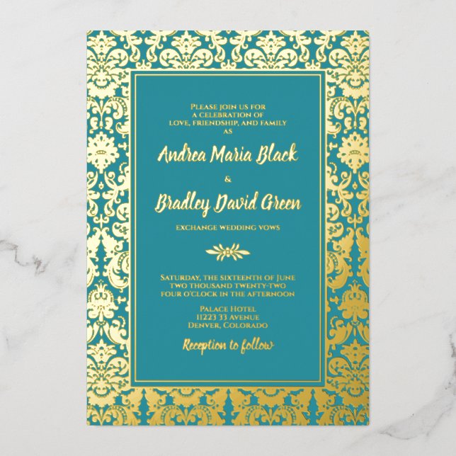 Aquamarine Echt-Gold-Foil-Damaskus-Hochzeit Folieneinladung (Vorderseite)