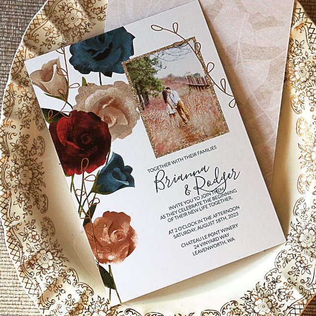 Aquamarine Einladung, Burgund, trostlos rosa Hochz Folieneinladung (Burgundy, Teal, Beige Botanical Roses Wedding Invitation with Foil Gold Leaves)