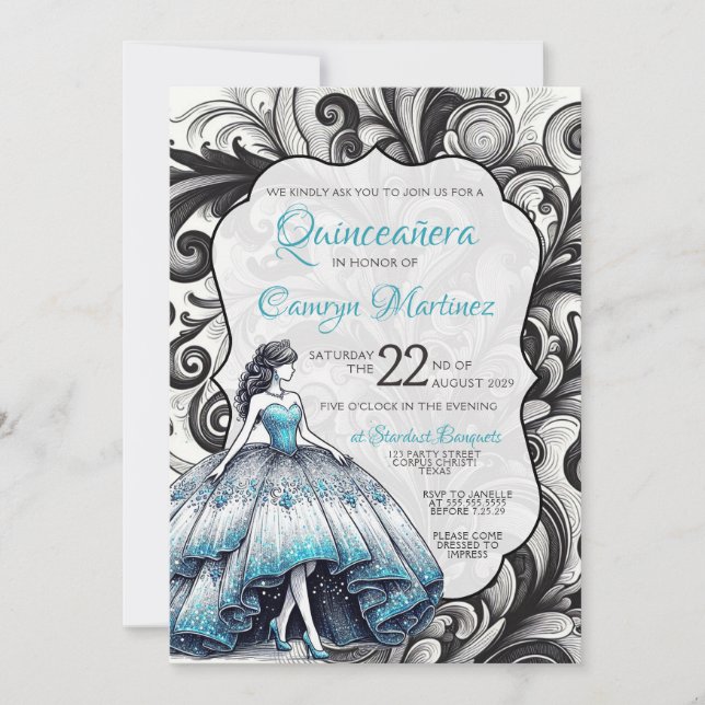 Aquamarine Einladung von Quinceañera (Vorderseite)