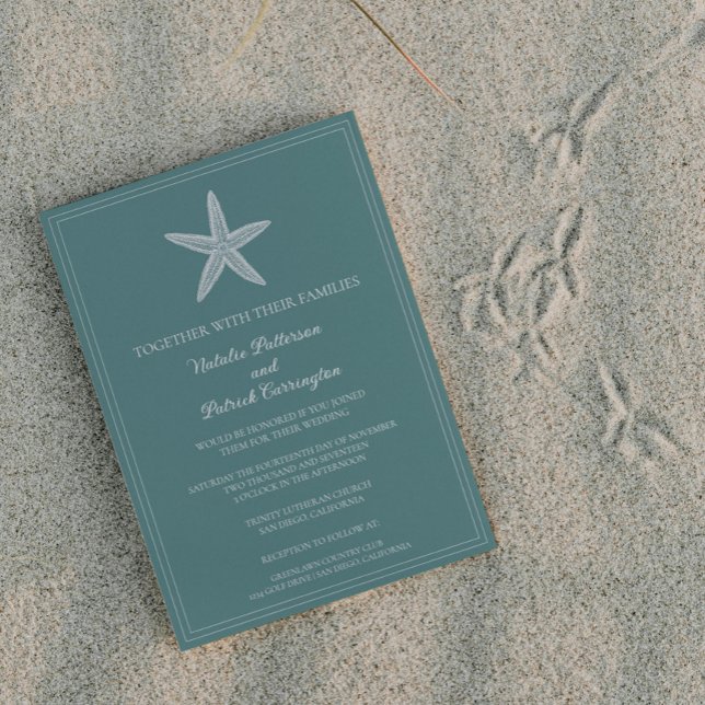 Aquamarine Einladung zur Hochzeit von Starfish (Teal Starfish Wedding Invitation)