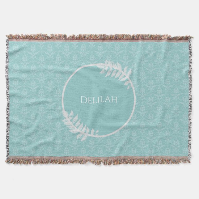 Aquamarine elegante Damask Personalisierte Knochen Decke (Vorderseite)