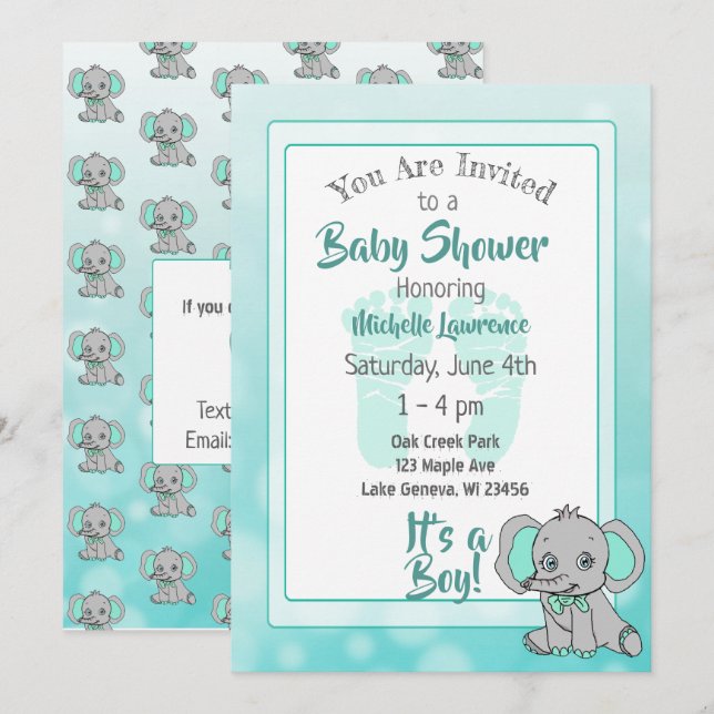 Aquamarine Elephant Baby Dusche Einladung (Vorne/Hinten)