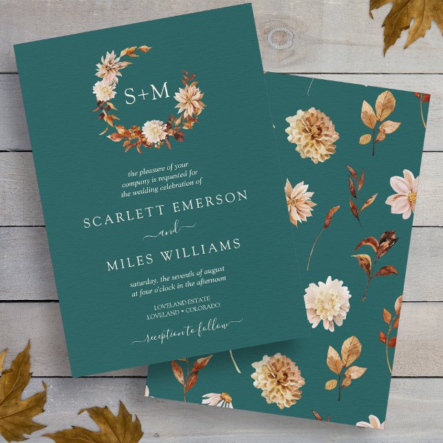 Aquamarine Fall Terracotta Monogram Wreath Wedge Einladung (Teal Fall Terracotta Monogram Wreath Wedding Invitation by Painted Paperie
)