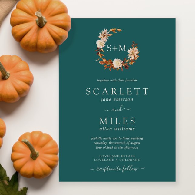Aquamarine Fall Terracotta Monogram Wreath Wedge Einladung (Teal Fall Terracotta Monogram Wreath Wedding Invitation by Painted Paperie
)