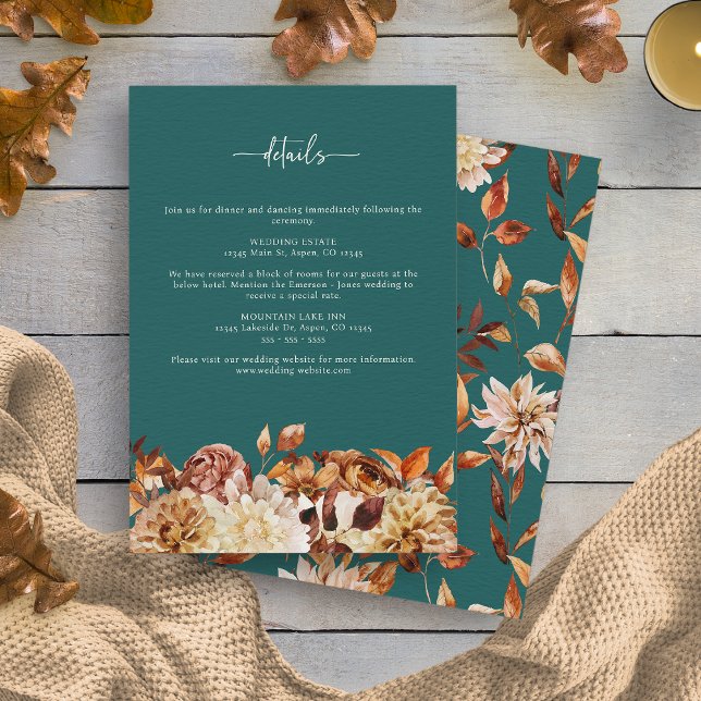 Aquamarine Falldetails Begleitkarte (Teal Watercolor Fall Floral  Details Enclosure Card by Painted Paperie
)
