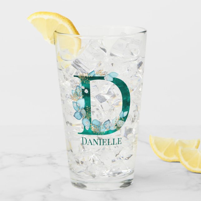 Aquamarine Farbe und Goldmonogramm-Buchstaben D Glas (Vorderseite Ice)