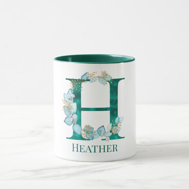 Aquamarine Farbe und Goldmonogramm Buchstaben H Tasse (Zentrum)