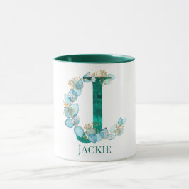 Aquamarine Farbe und Goldmonogramm Buchstaben J Tasse