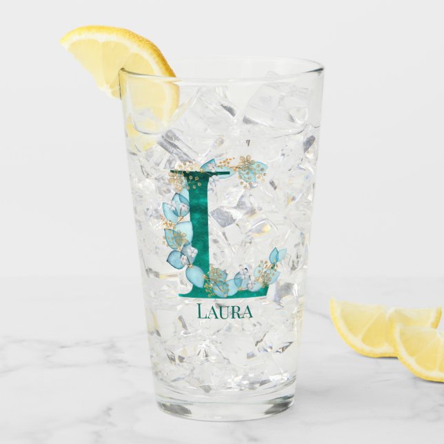 Aquamarine Farbe und Goldmonogramm-Buchstaben L Glas (Vorderseite Ice)