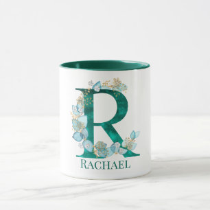 Aquamarine Farbe und Goldmonogramm-Buchstaben R Tasse
